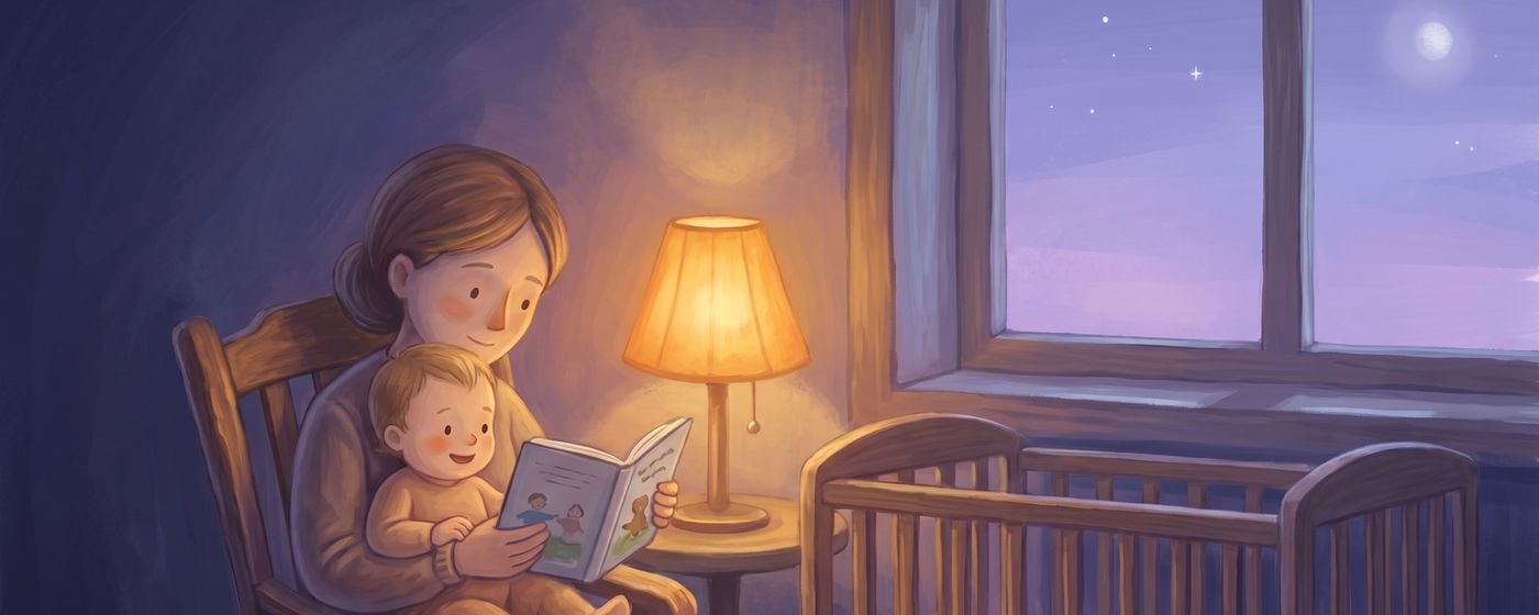 A parent reading a picture book to a one-year-old in a rocking chair beside the crib at dusk