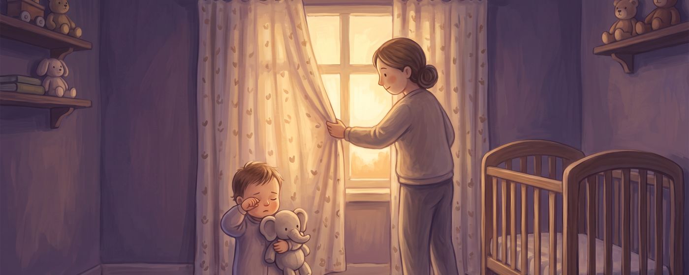 A toddler rubbing their eyes and hugging a toy elephant while a parent draws the curtain for nap time