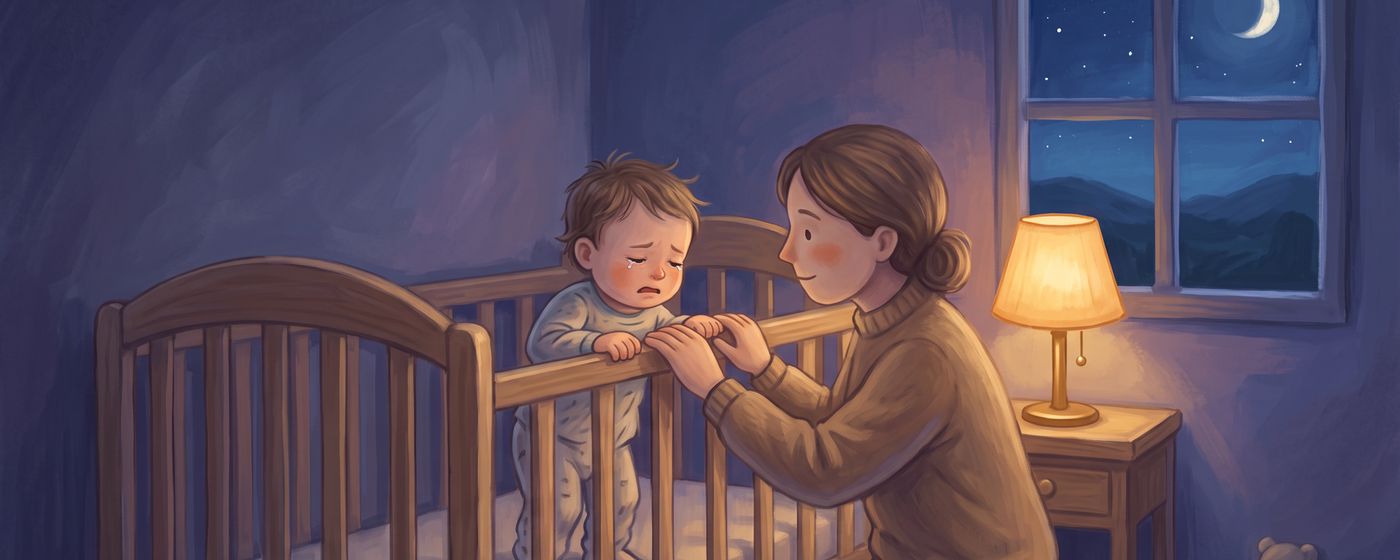 A parent kneeling at eye level beside the crib, calmly holding their standing toddler's hands at bedtime