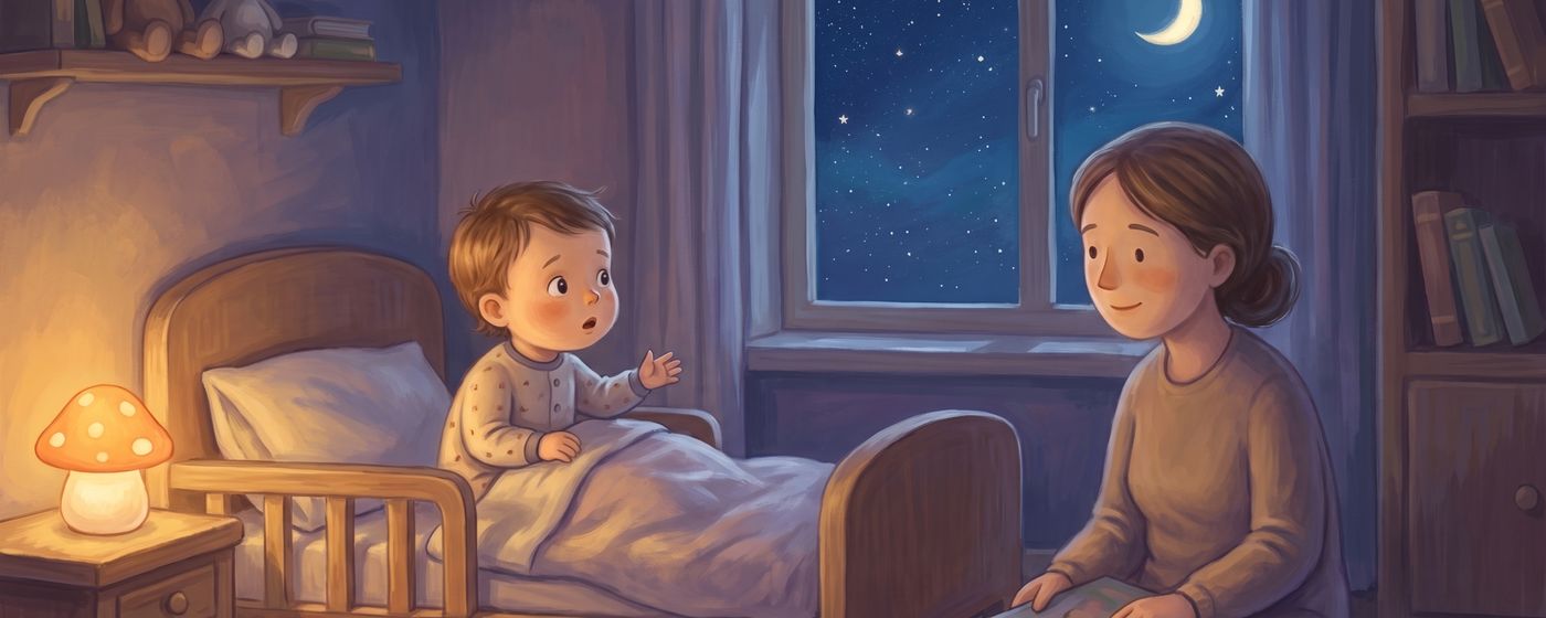 A parent sitting on the floor beside a toddler bed for one more goodnight under a starry window