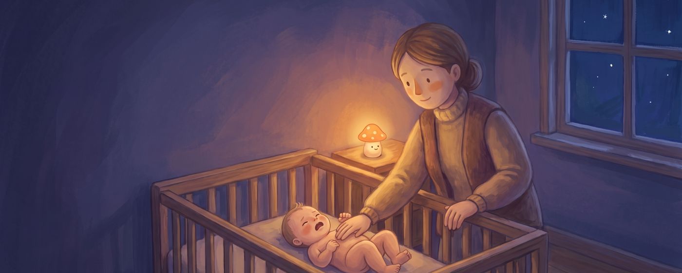 A parent soothing their baby with a hand on the tummy; the baby lies on their back in a bare crib at night