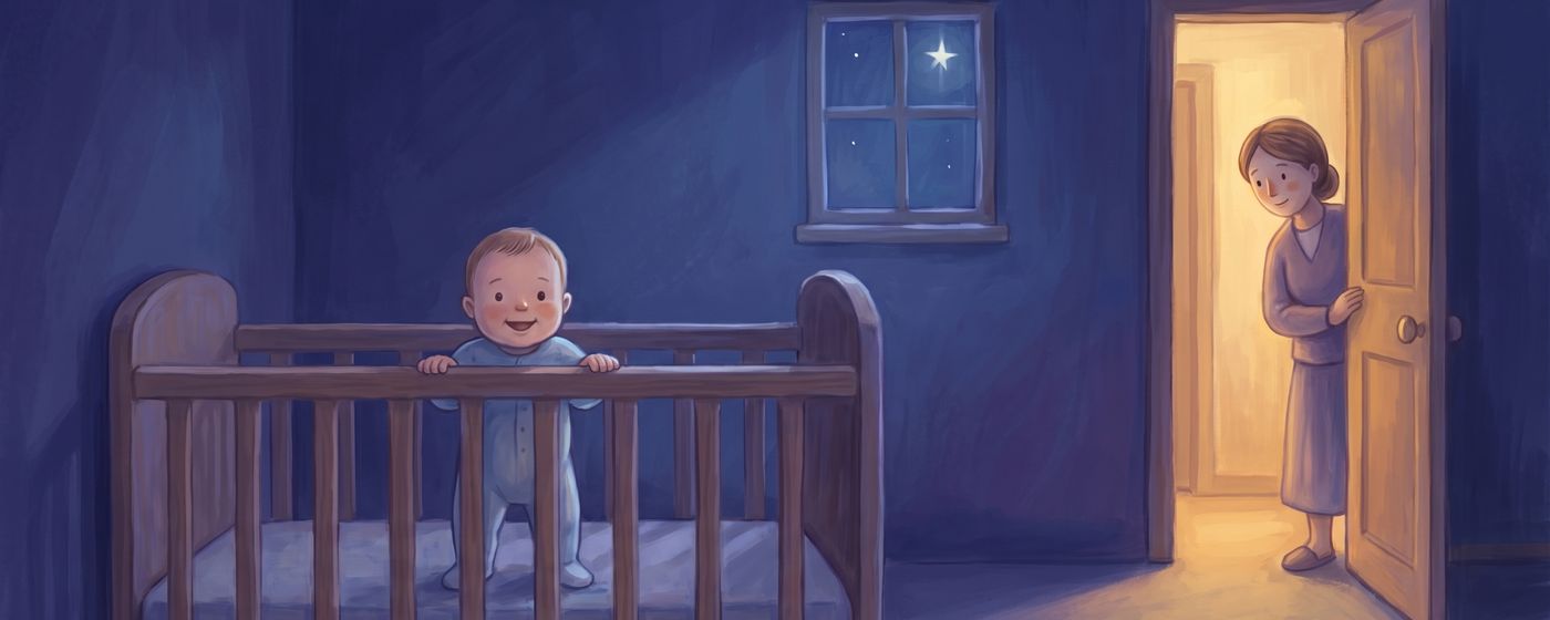 A baby standing in a bare crib holding the rail at night while a parent watches gently from the doorway