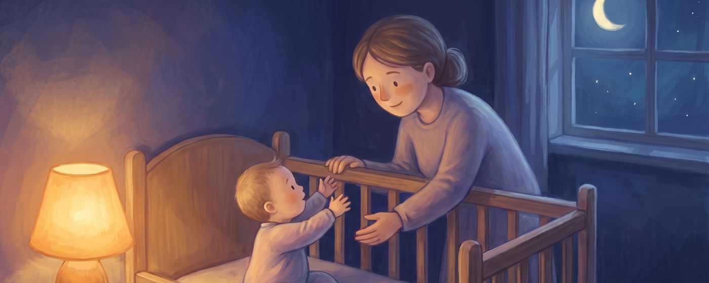 A baby sitting up in a bare crib at night, arms reaching for the parent leaning in