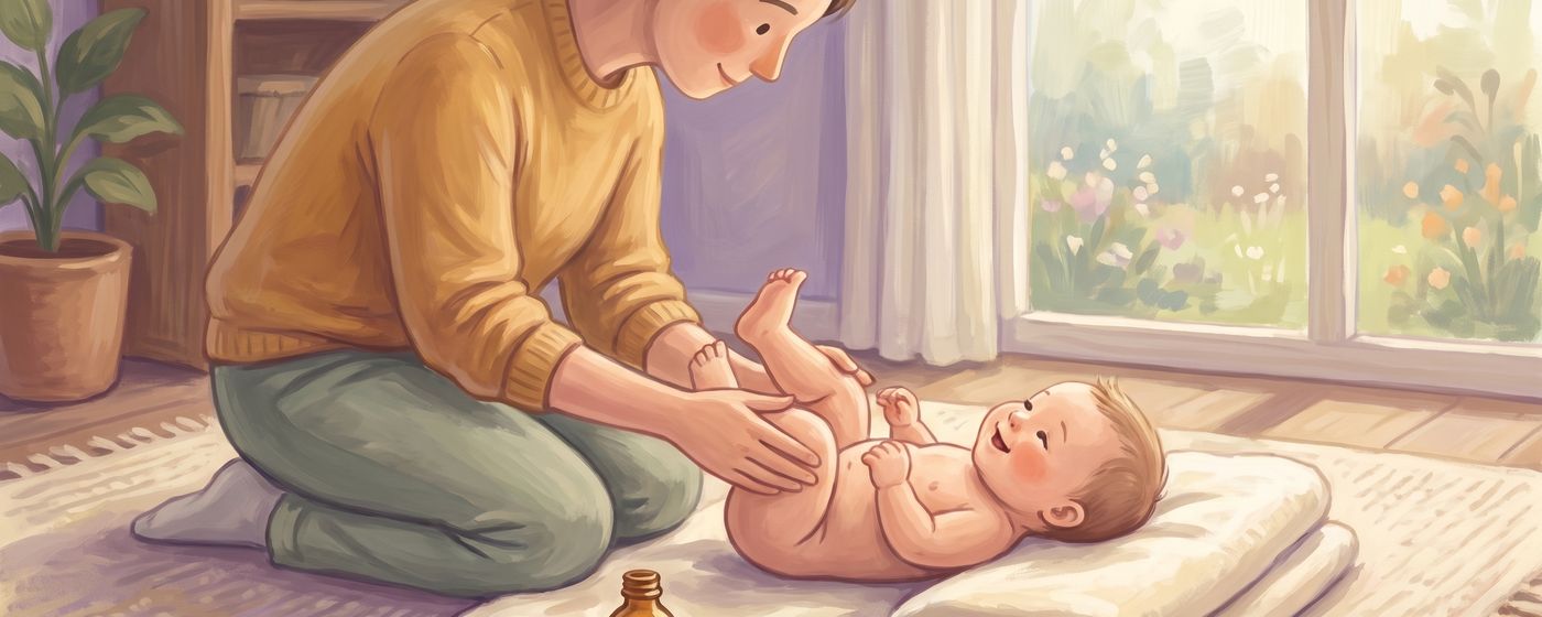 A parent gently massaging their baby's legs on a soft folded towel