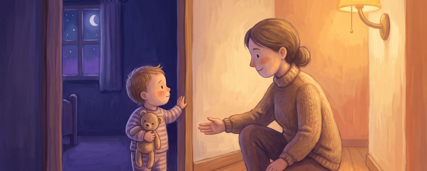 A parent kneeling calmly to guide a toddler back to bed from the bedroom doorway