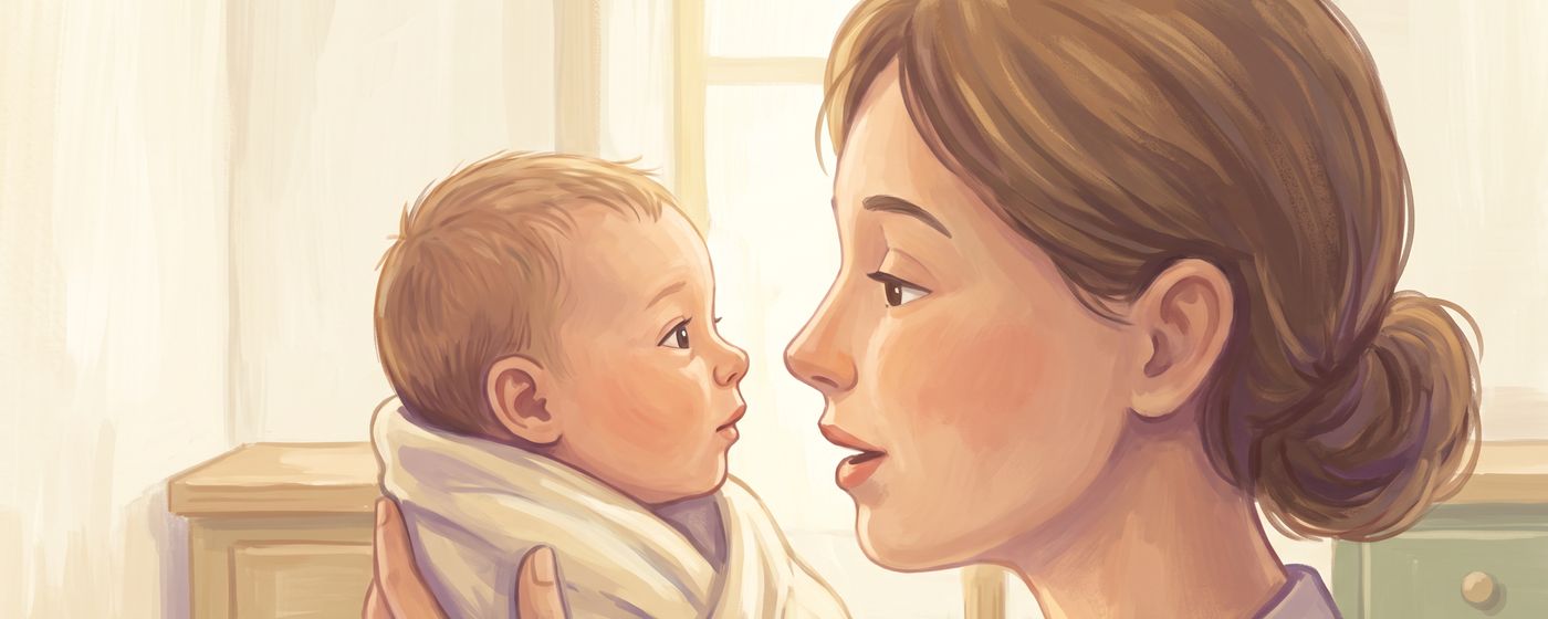 A parent holding their newborn face to face, the two of them locking eyes