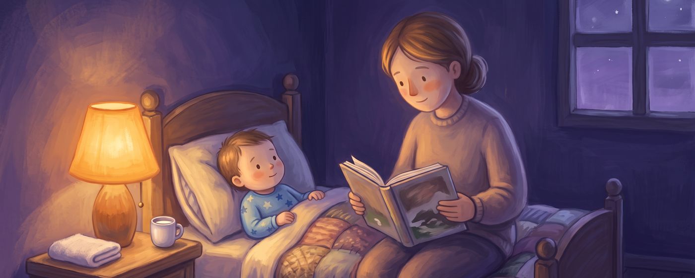A parent reading a bedtime story to a toddler tucked under a quilt