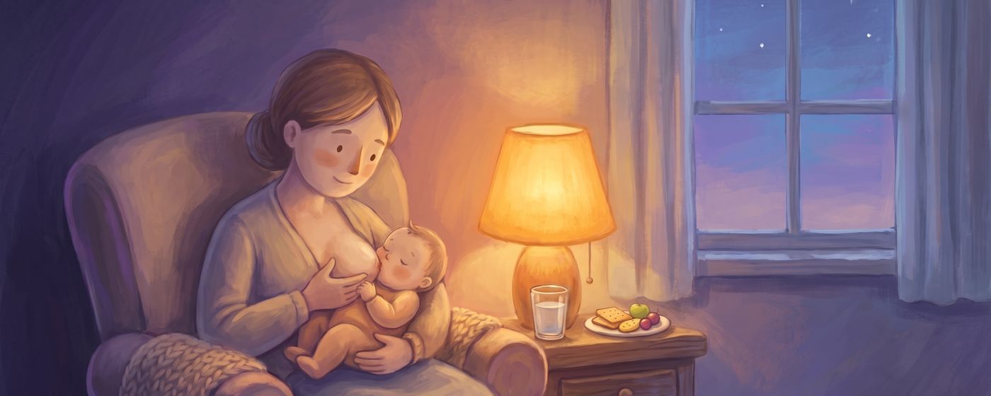 A mother nursing her baby in a lamplit armchair in the evening, water and a snack within reach