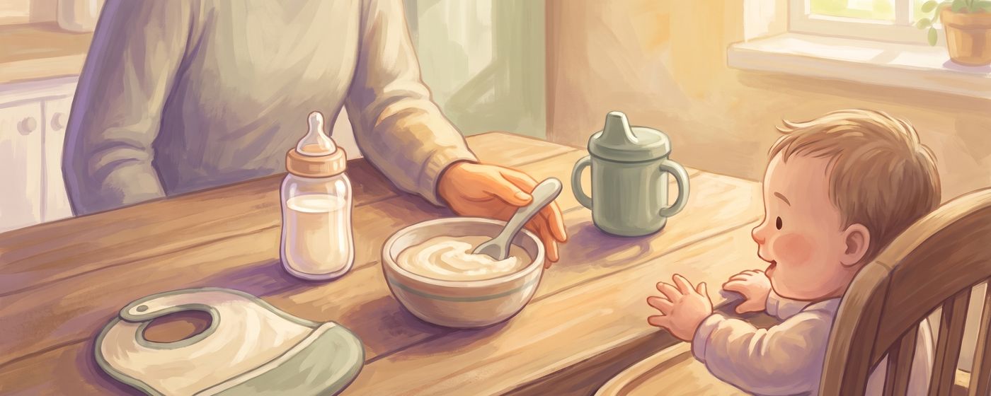 A bottle, a bowl of puree and a sippy cup on a sunny kitchen table beside a baby in a high chair