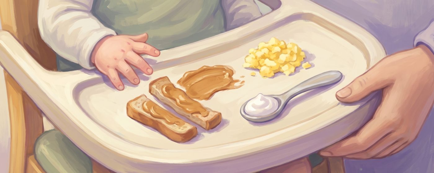 A high-chair tray with tiny first tastes of peanut butter, egg and yogurt, and a baby's hand reaching in