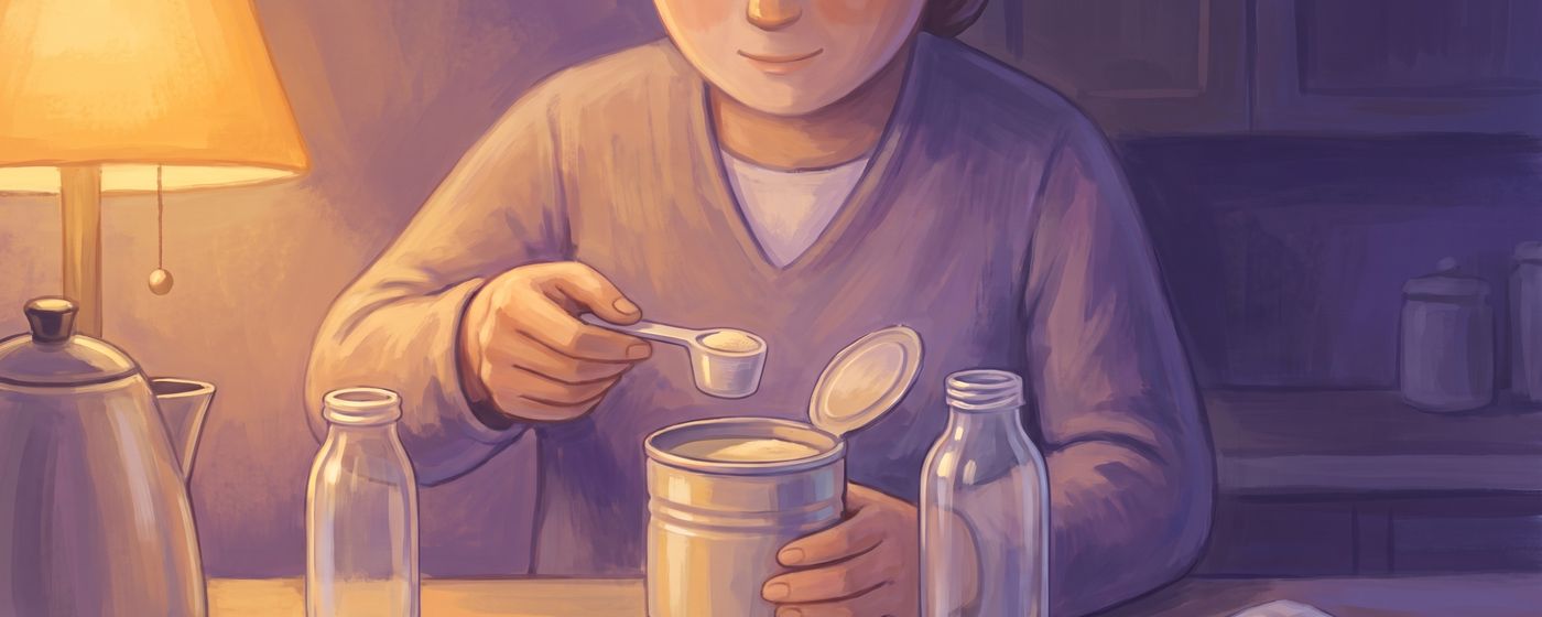 A parent measuring formula into a bottle at a kitchen counter in warm light
