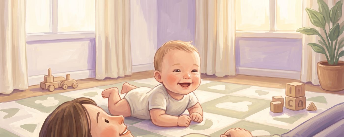 A baby lifting their head during tummy time, beaming at a parent lying at eye level