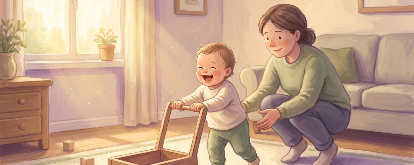 A laughing toddler walking across a rug pushing a small wooden wagon