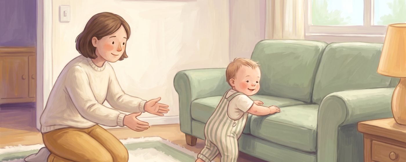 A baby pulling up to stand against a sofa while a parent kneels nearby with open arms