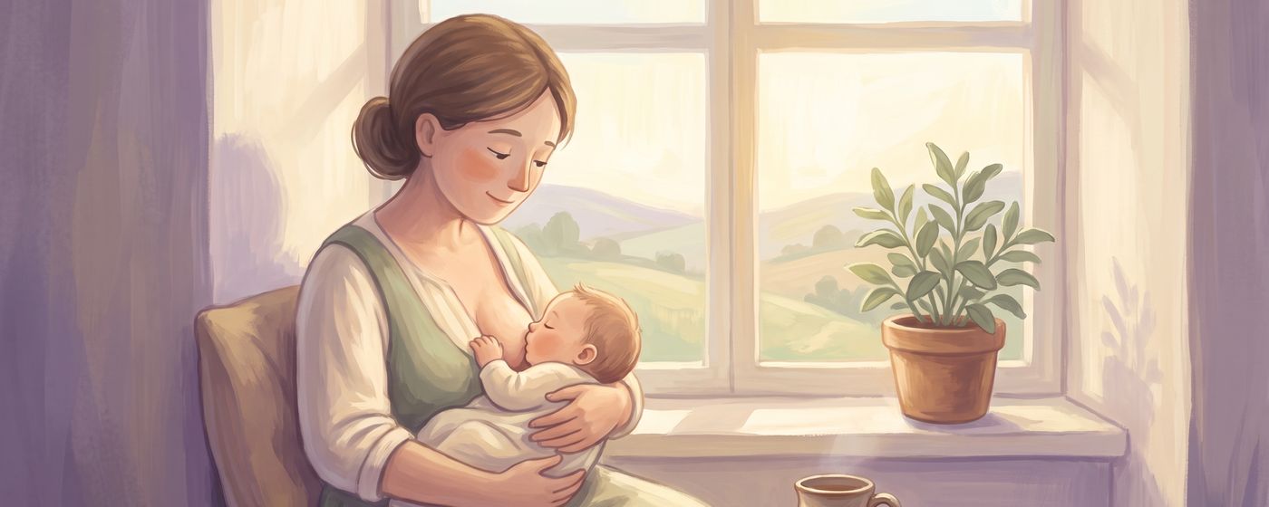A mother nursing in a sunlit window seat with a quiet, reassured smile