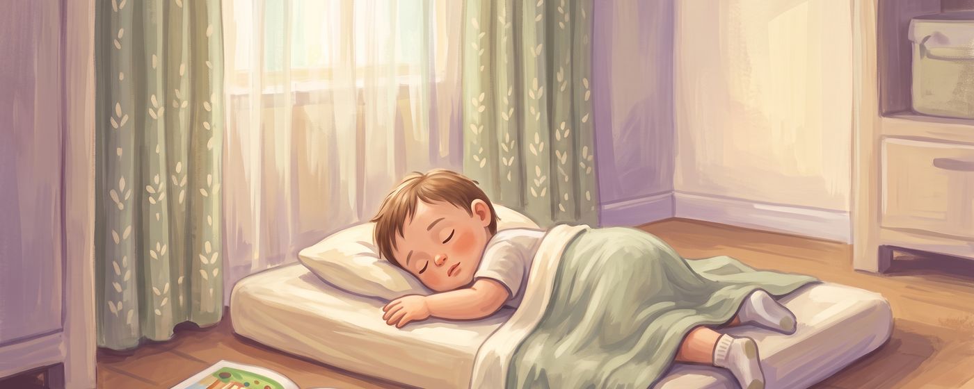 A toddler asleep on a low bed in the middle of the day, blanket half kicked off