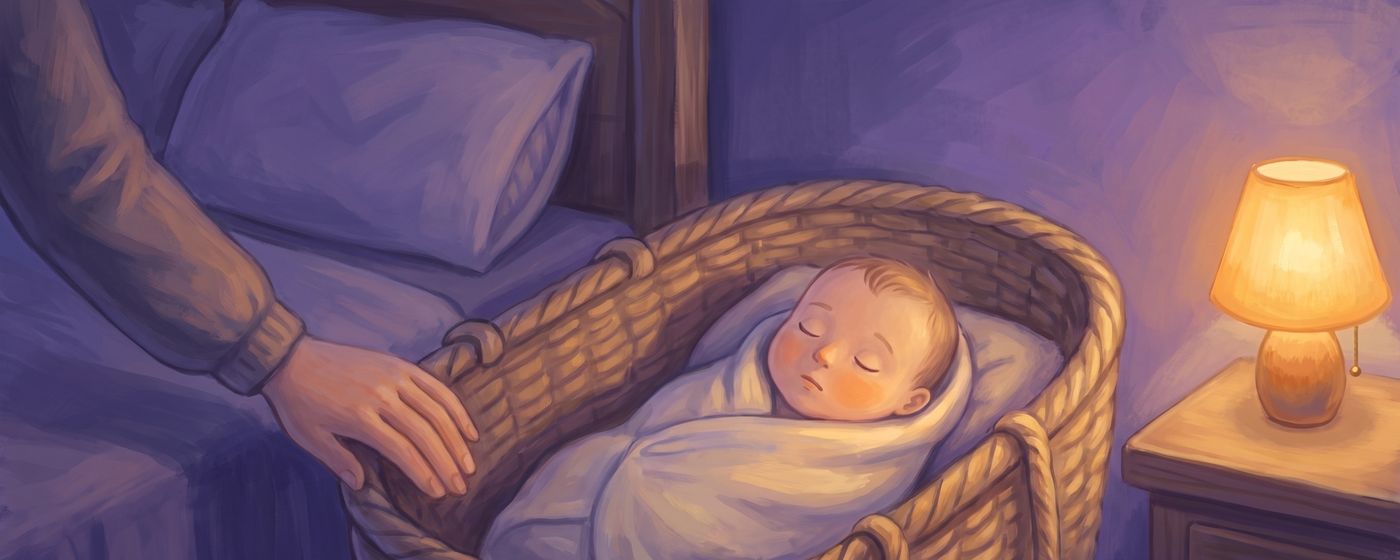 A newborn sleeping in a bassinet in the quiet violet dark, a parent's hand on the rim
