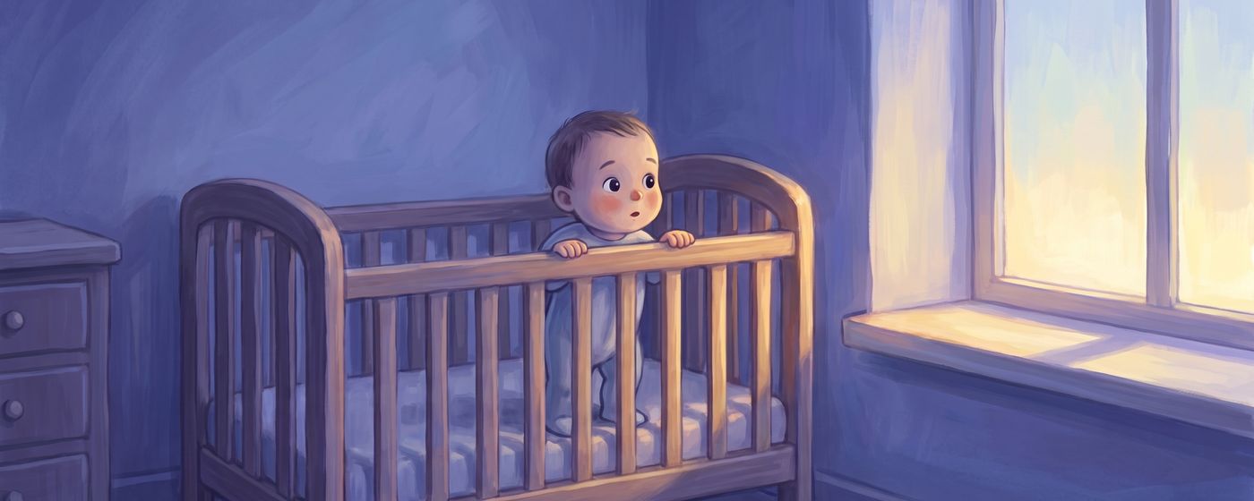A baby standing at the crib rail wide awake in the first pale light of dawn