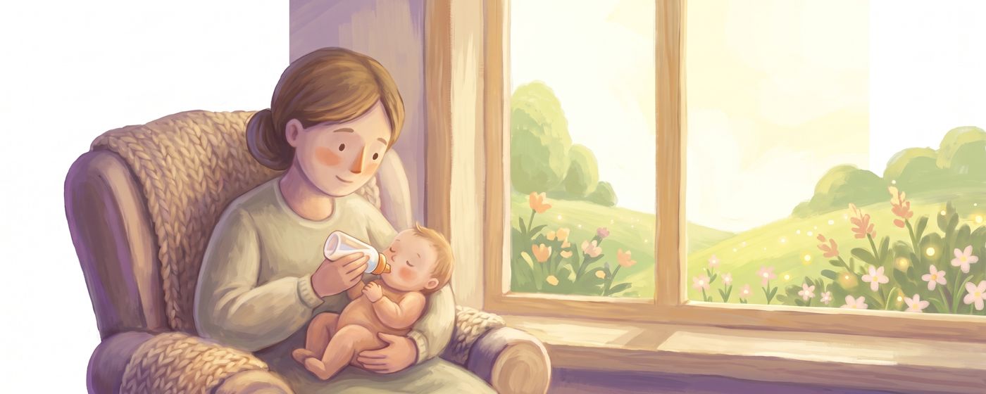 A parent holding a baby upright with the bottle held level so the baby can pace themselves