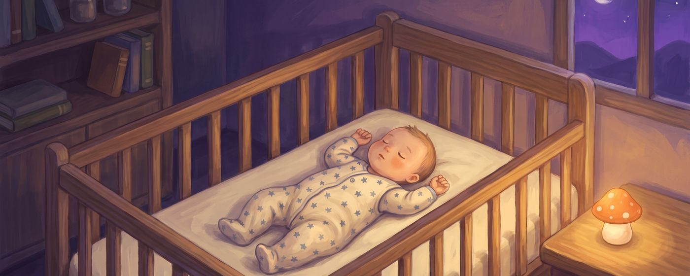 A baby sleeping on their back in a bare crib with no pillows, blankets or toys