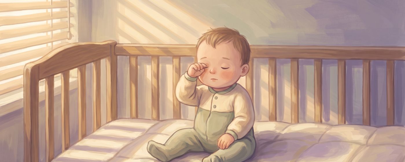 A baby sitting up in a cot rubbing one eye after waking early from a nap