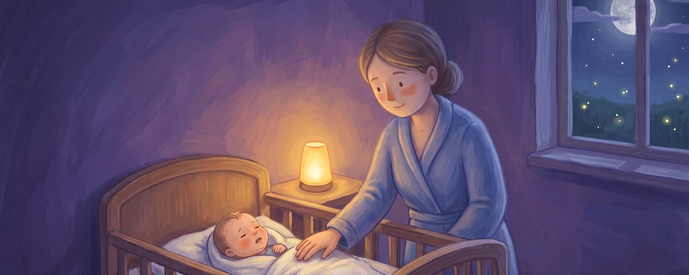 A calm parent resting a hand on an unsettled baby in a dim nursery