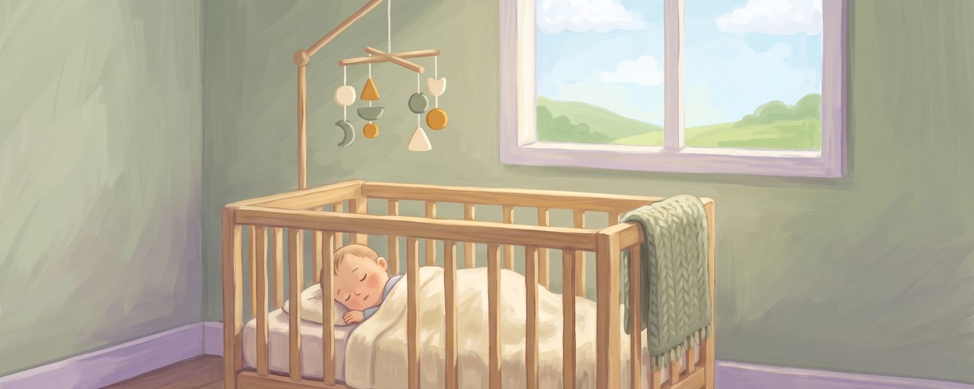 A baby napping soundly in a sunlit nursery with a mobile turning above