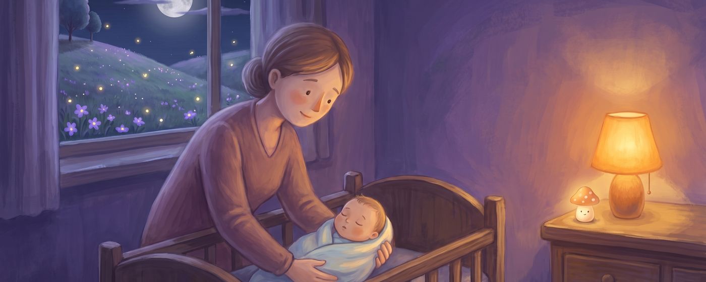 A mother lowering her swaddled newborn into a crib in a moonlit nursery