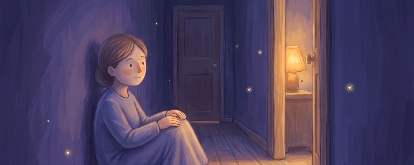 A parent sitting on the floor outside a nursery door, listening, calm and resolved