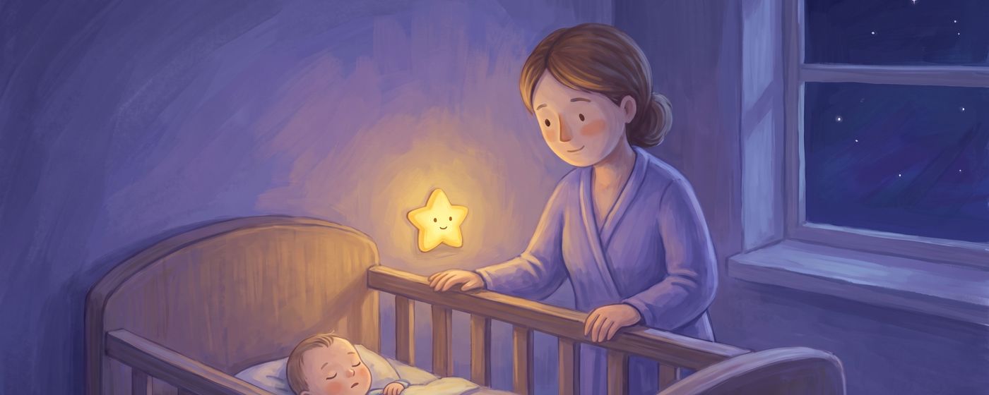 A parent resting one hand on the crib rail while a drowsy baby settles themselves