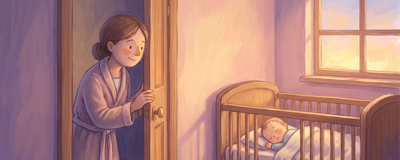 A parent peering around the nursery door at dawn, delighted to find the baby still asleep