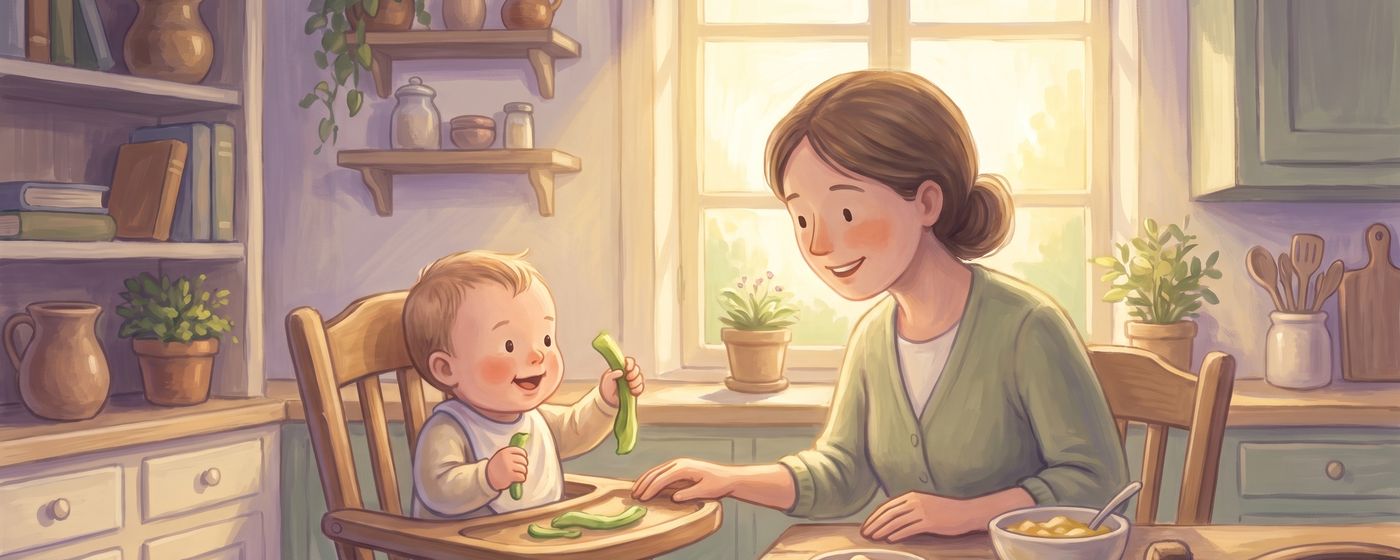 A baby in a high chair holding a soft strip of steamed vegetable while a parent sits beside them