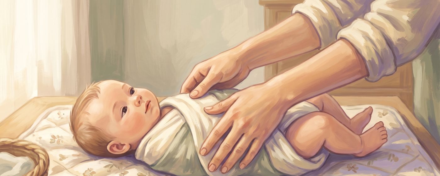 A parent's hands wrapping a calm baby snugly in a muslin swaddle