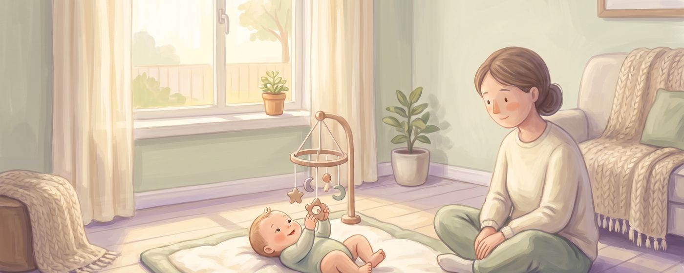 A content, wide-awake baby batting at a wooden toy on a play mat while a parent watches