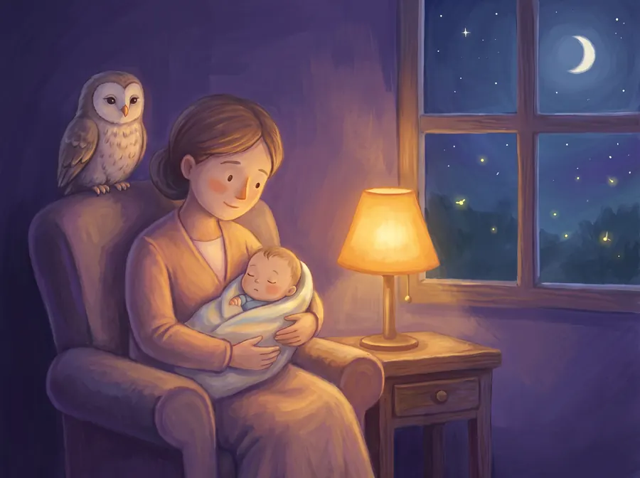 A parent awake in an armchair at night holding a swaddled baby, a barn owl perched beside them and a crescent moon at the window.