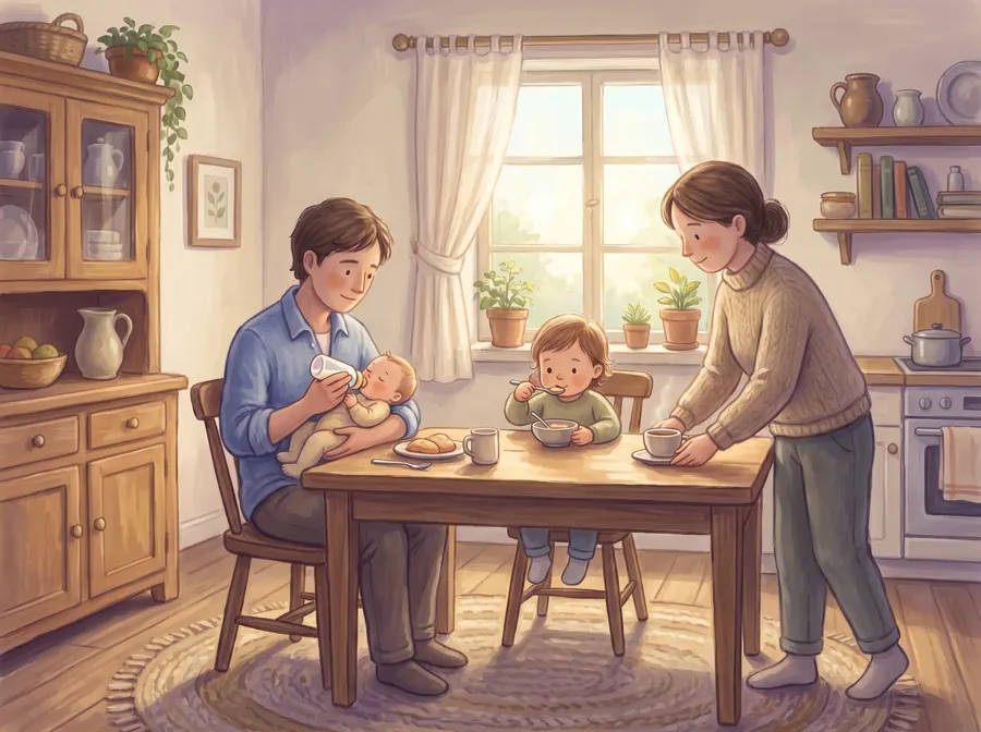 A family at a sunlit kitchen table: one parent giving a baby a bottle, a toddler eating breakfast, the other parent setting down a cup.