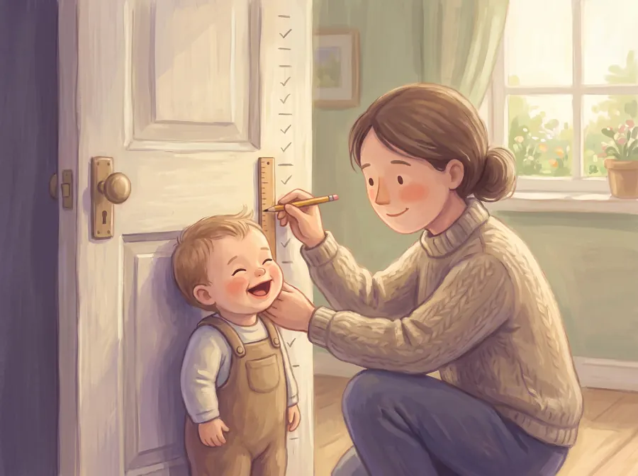 A parent pencilling a new height mark on a door frame while a laughing toddler stands against it.