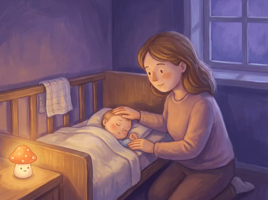 A parent kneeling beside a crib at night, resting a hand on their sleeping baby’s forehead, a small mushroom nightlight glowing on the table.