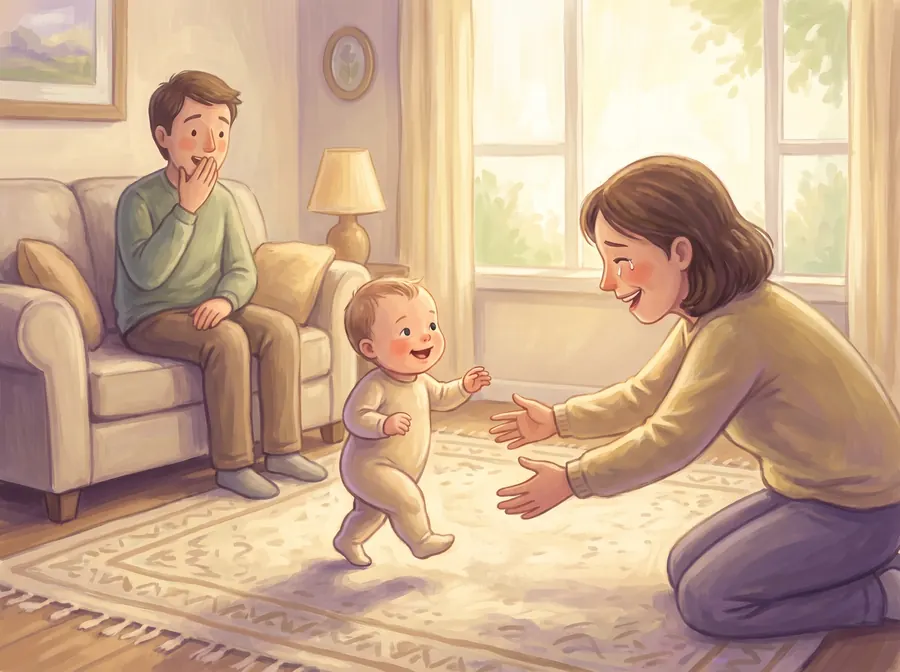 A baby taking first steps across a living-room rug toward an outstretched parent, while the other parent watches from the sofa with a hand to their mouth.