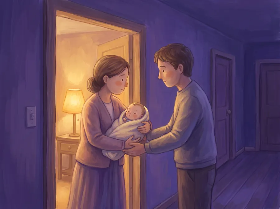 Two parents passing a sleeping baby between them in a lamp-lit hallway at night.