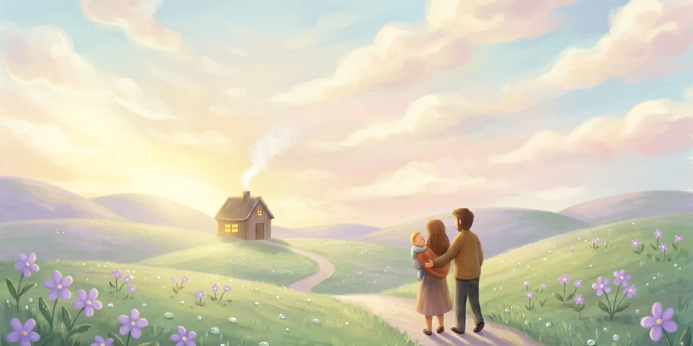 Two parents walking a winding path through lavender-strewn hills in morning light, one carrying their baby