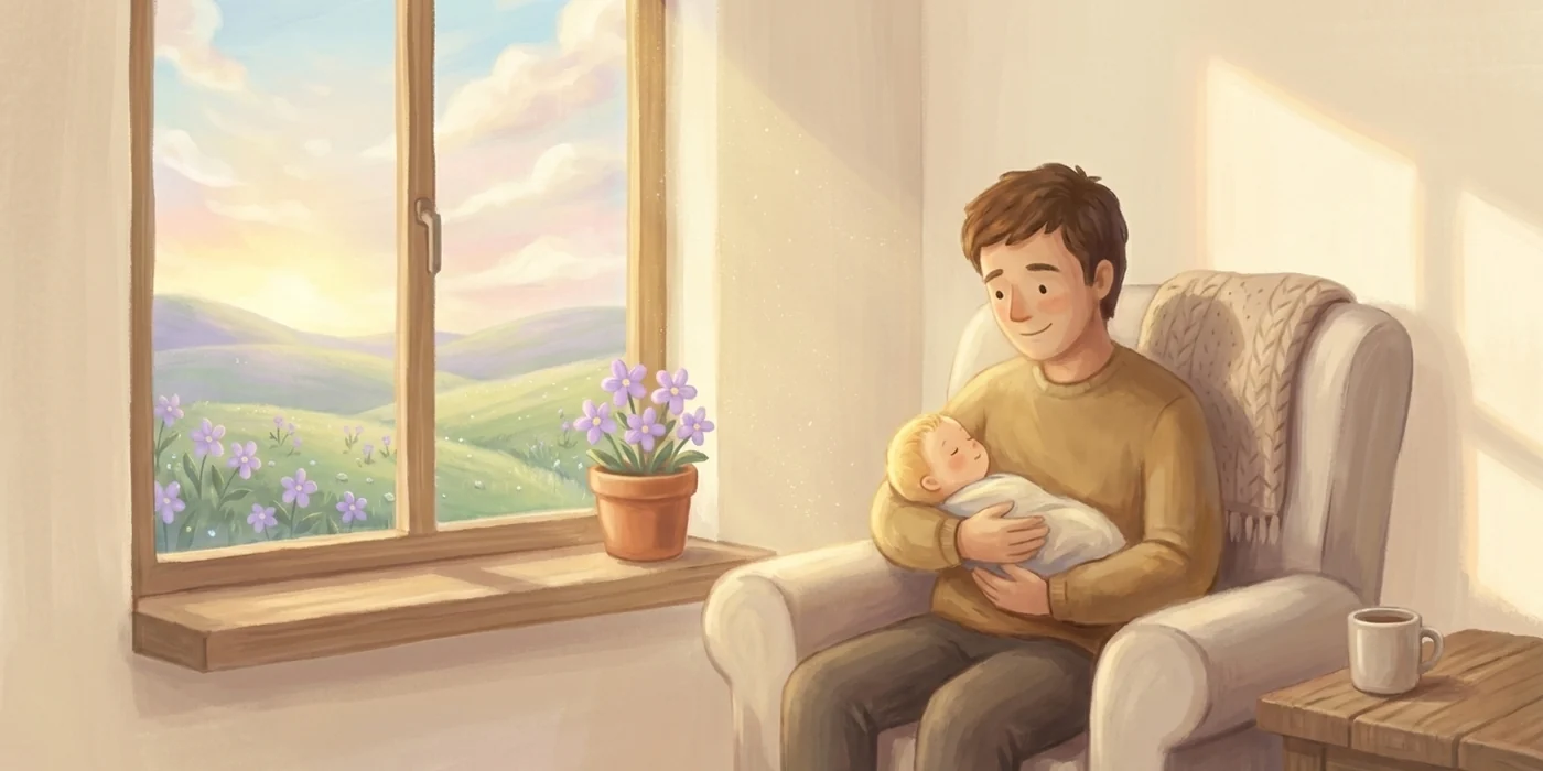 A parent in an armchair by a sunlit window, holding their sleeping baby, a pot of lavender flowers on the sill