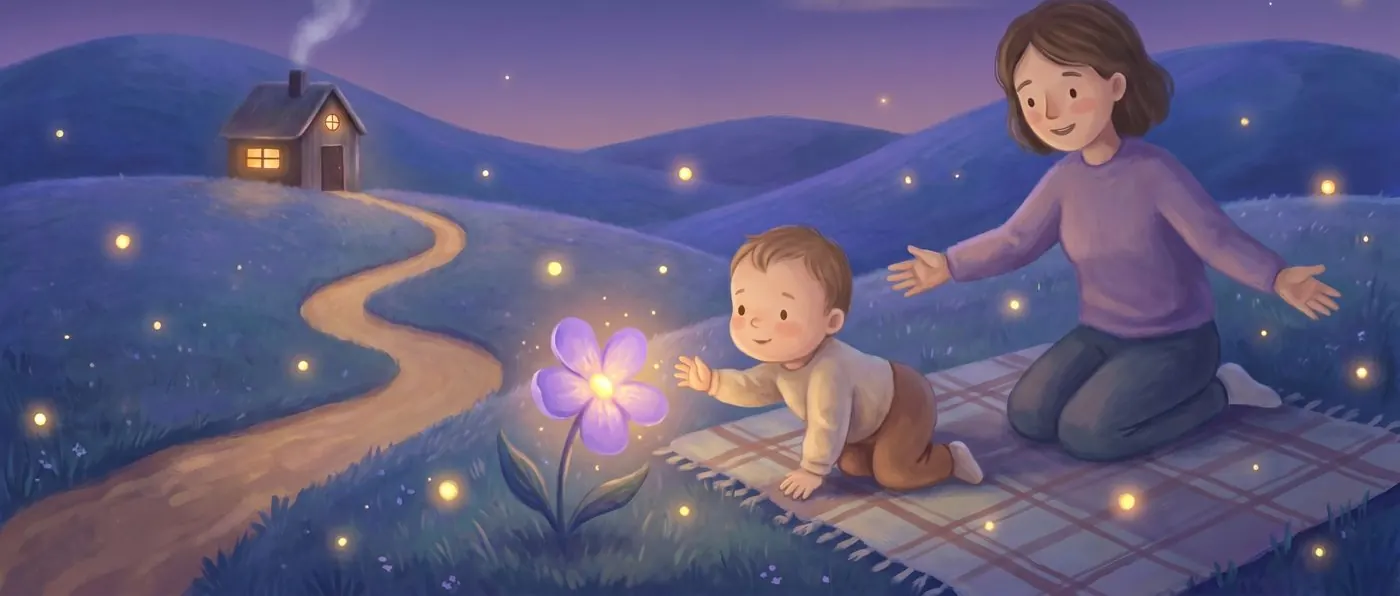 A baby crawling toward a glowing flower while a parent encourages them