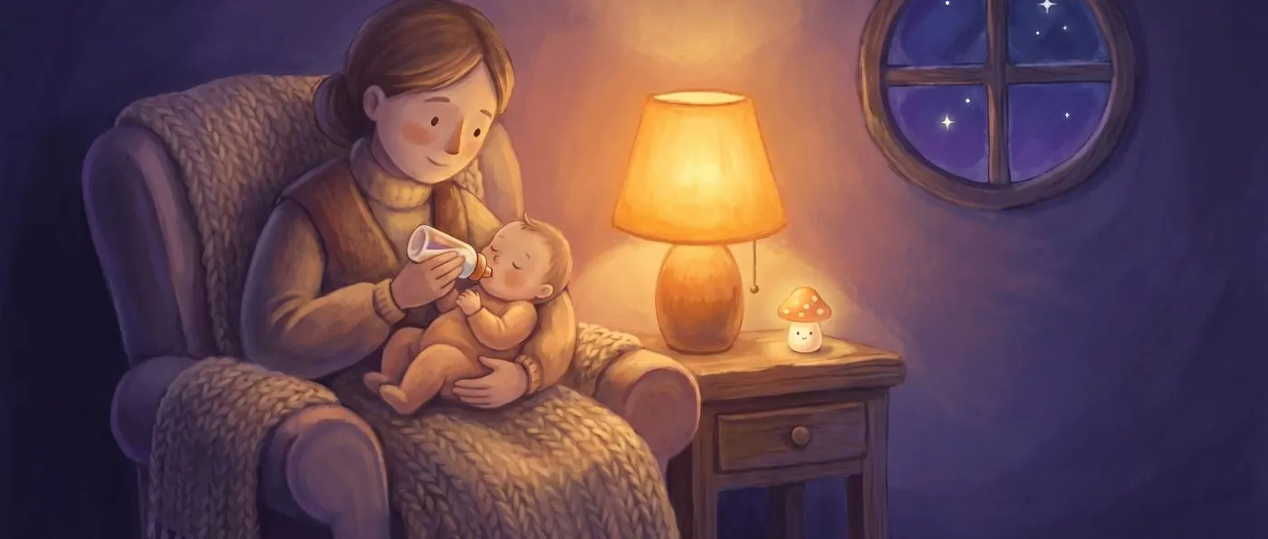 A parent bottle-feeding a baby in a warm lamplit armchair at night