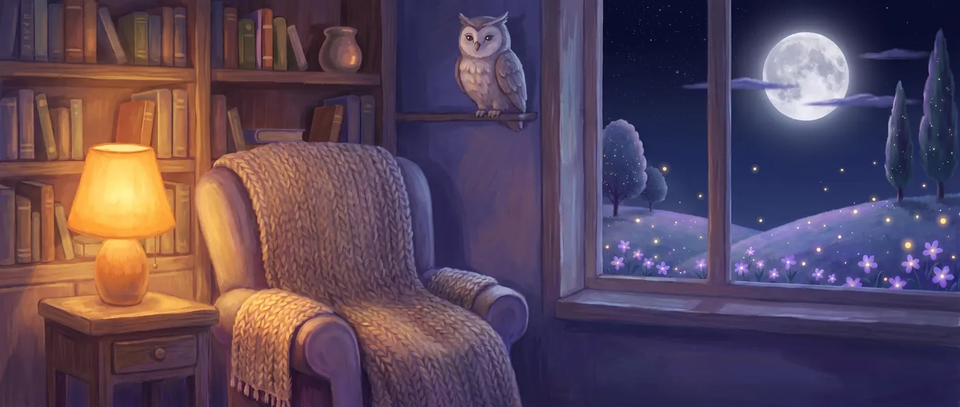 A warm night-time reading nook — an armchair under a lamp, a shelf of books, an owl keeping company, and a window onto the moonlit meadow