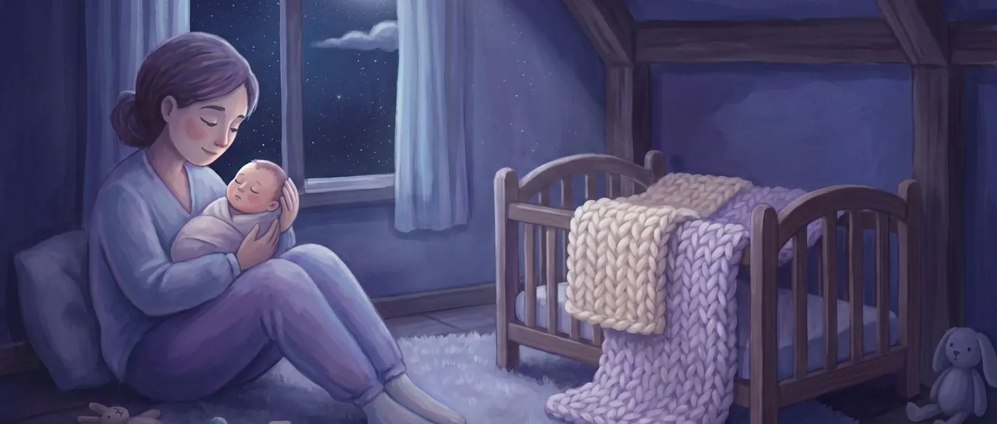 A parent cradling a swaddled newborn by a moonlit nursery window