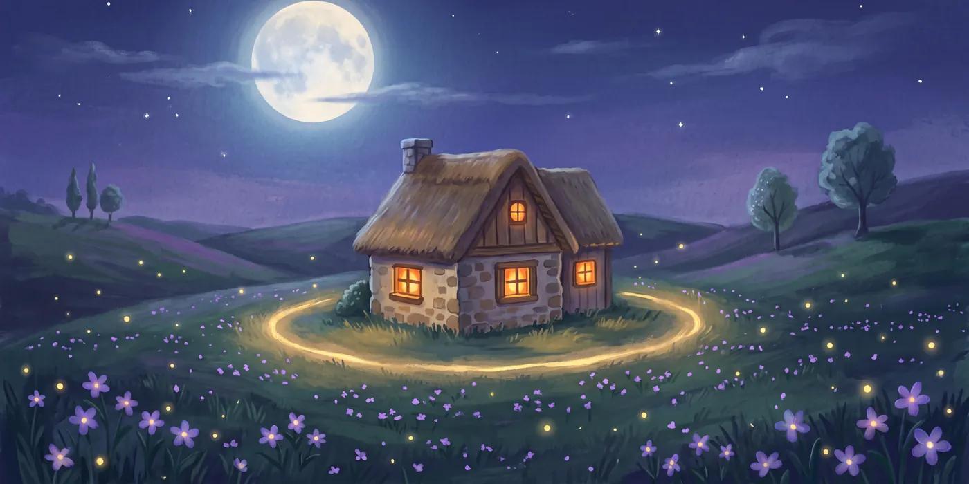 A single cottage on a moonlit hillside with its windows glowing warmly, everything kept safe inside