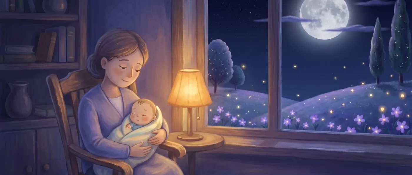 A parent rocking a sleeping baby beside a moonlit window