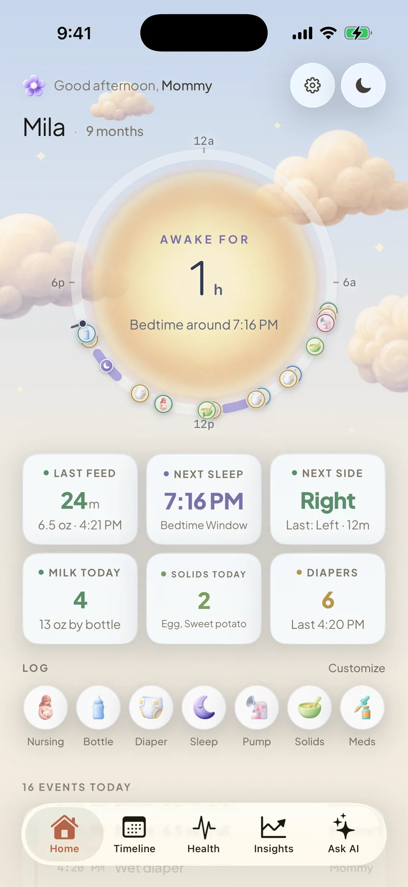 Nooma's home screen in the morning: the day's arc with each logged feed, nap and change around it
