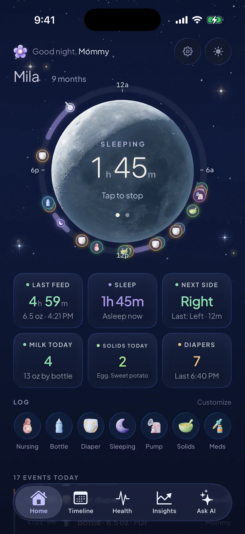 Nooma’s home screen at night: the moon showing a running sleep timer at 1h 45m, and the day’s events around it